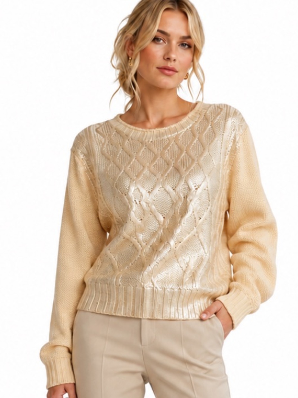 NARCISO RODRIGUEZ PALE GOLD BEIGE METALLIC FOIL THICK LONG SLEEVE SWEATER XL NWT